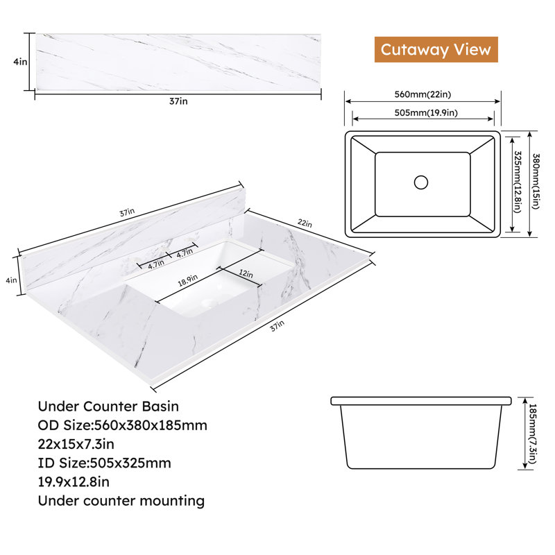 Comptoir de meuble-lavabo 37 po Bianco Carrara Venato Roomfitter avec comptoir en pierre frittée, blanc
