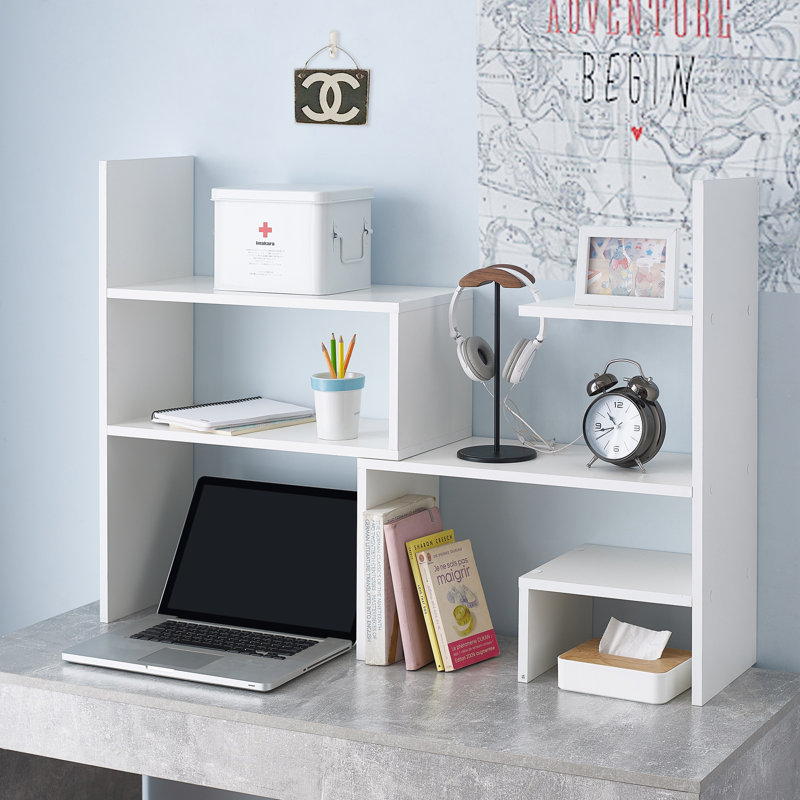 White Adjustable Compact Desk Bookshelf with Cubes