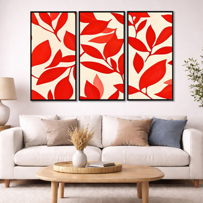 «Red Leaf Wall Art», ensemble de 3 pièces d'art mural encadré botanique sur toile - collage de feuilles rouges «Calm Botanical Collage»