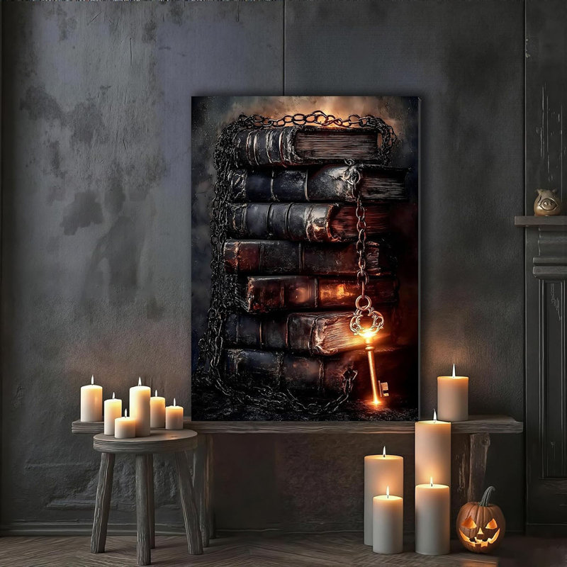 Vintage Halloween Pictures Decor 8x12, Dark Academia Old Books Canvas Wall Art for Bedroom, Chained and Magic Key Poster, Gothic Spooky Canvas Art for Halloween Home Decoration