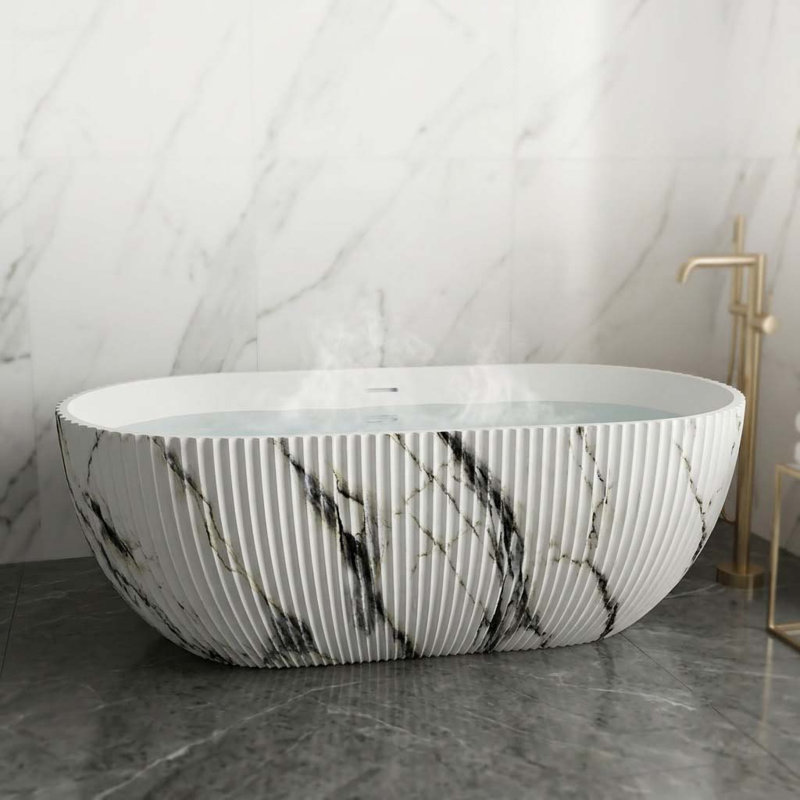 Baignoire de trempage autoportante 67 po à surface solide en marbre texturé avec rayures 67 po