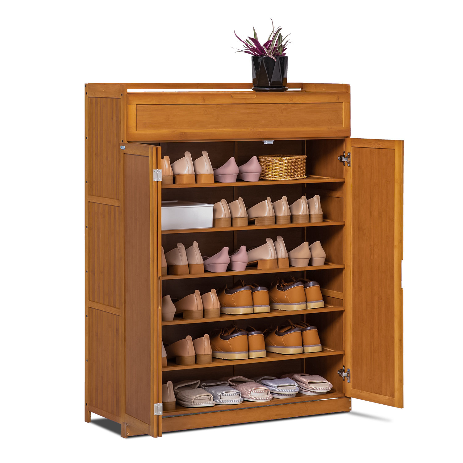 Organize It All Bamboo Shoe Rack with Umbrella Stand, Natural Wood