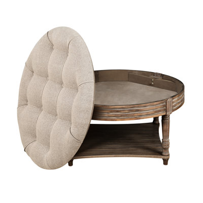 Modern Round With Storage - , Linen Upholstery, Wooden Shelf For Living Room 2 Tier Storage, Upholstery Decor