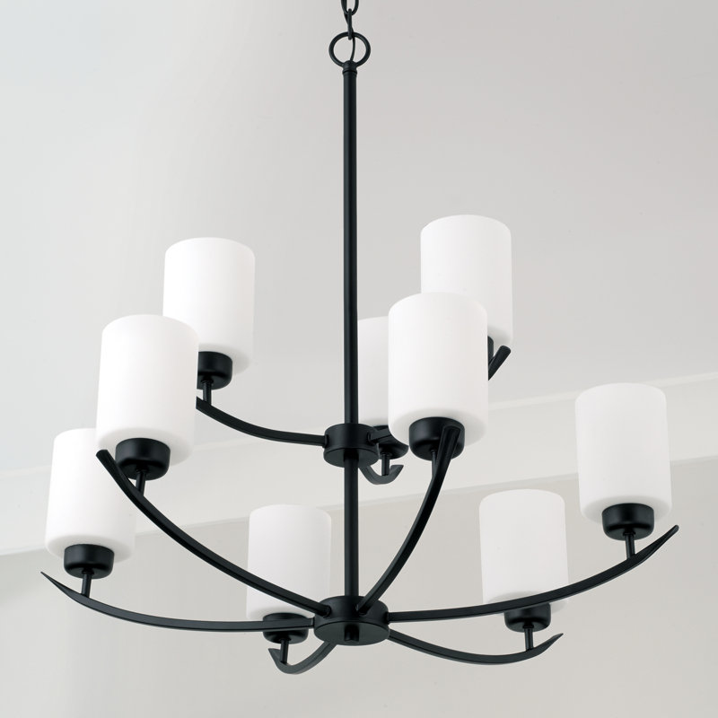 Matte Black 9-Light Chandelier with Soft White Glass Shades