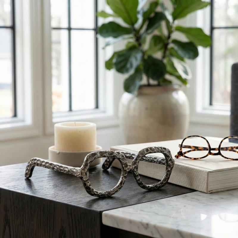 Decorative Object Metal Aluminum Eyewear-Shaped Sculpture With Textured Artisan Design - Modern Stylish Accent Decor, Silver