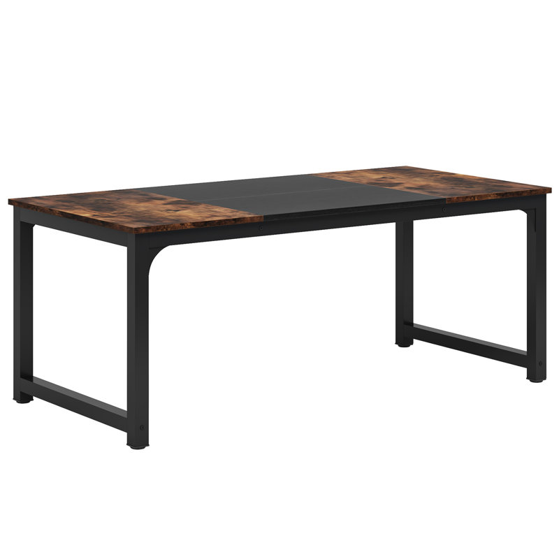 Rectangular Computer Desk With Wood Brown & Black Top And Black Metal Base For Home Office, 29.25" H x 70.2" W x 31.2" D