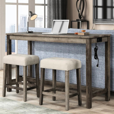 Rustic 3 Piece Bar Dining : Solid Wood Table With Electric Outlet, 2 Beige Cushioned Stools For Intimate Gatherings Counter Electrical In Transitional Design Family