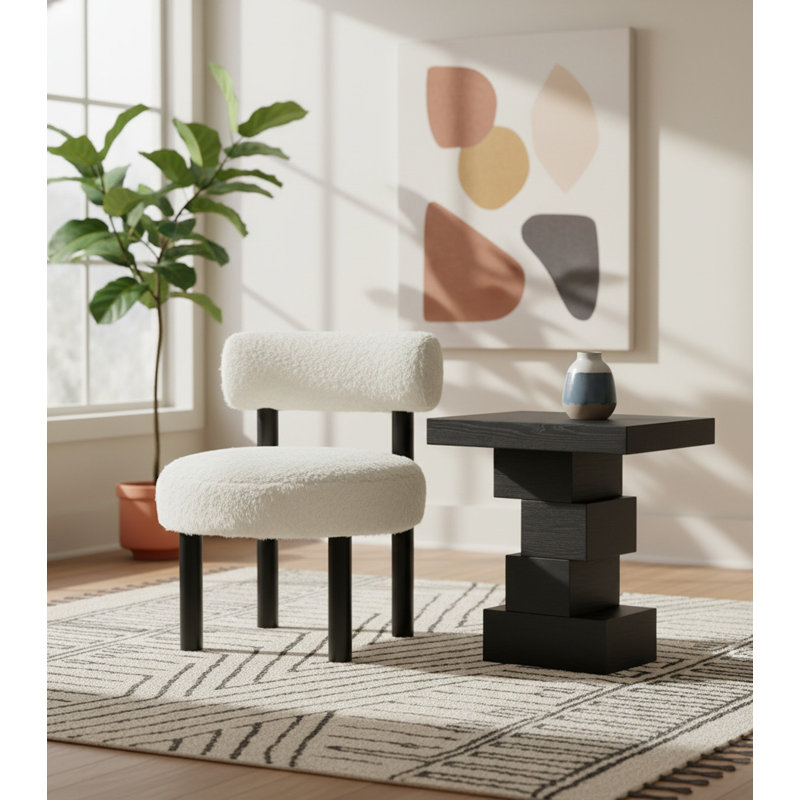 Fauteuil d'appoint rembourré Ambre, Tissu crème en peau de vache crème, Noir, noir, noir, noir