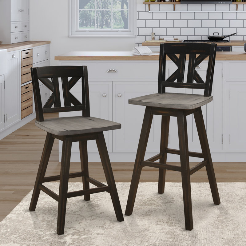 Ensemble de 2 chaises de bar en bois d'hévéa massif divisées à dossier en X pivotant à 360 ° et pivotantes