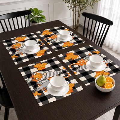 Ensemble de 4 napperons d'automne - Ensembles de table résistants à la chaleur, pour les repas à l'intérieur et à l'extérieur, motif nain orange et noir