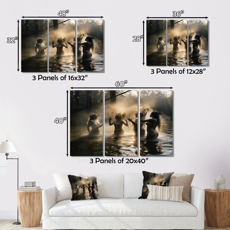 «Young Beautiful Goddesses Bathing In The River IV», reproduction sur toile 3 pièces, H 40 po x l 60 po x P 1 po