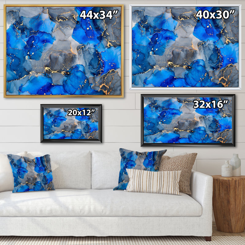Bleu et gris luxueux abstrait fluide V - peinture sur toile, H 16 po x l 32 po x P 1 po, Cadre flottant érable