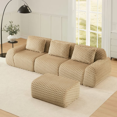 Canapé modulaire en L 114 po pour salon modulaire de 114 po, tissu de flanelle, canapé 3 places surdimensionné, canapé sans os, repose-pieds mobile, connexion à boucle, conception antidérapante, sans assemblage, chameau clair
