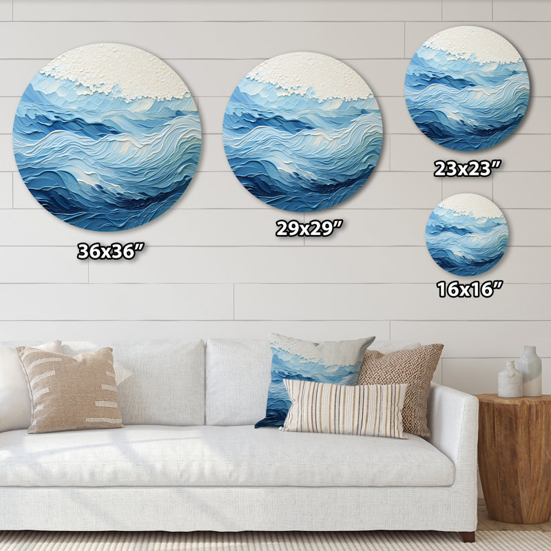 Vagues modernes bleues et blanches de la côte I - art métallique rond côtier, H 36 po x l 36 po