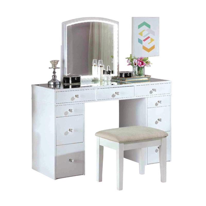 Contemporary Style 1Pc Vanity Set 3Mm Mirror Led Lights Storage Drawers Wooden Glides White Finish Stool Included Bedroom Furniture