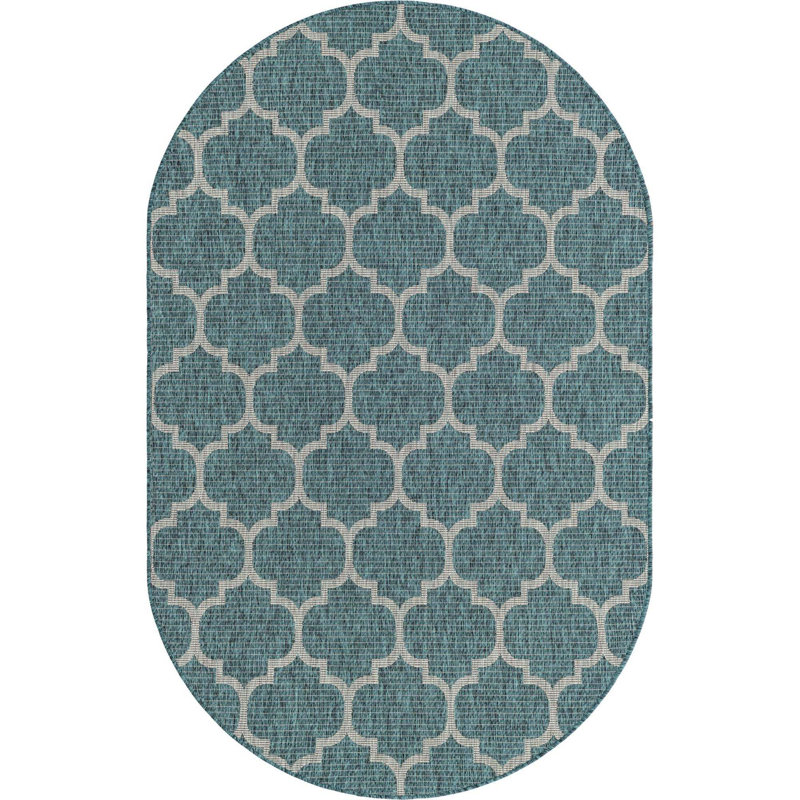 Tapis intérieur / extérieur à motif géométrique Hampstead , Bleu, Ovale 7 pi 10 po x 10 pi