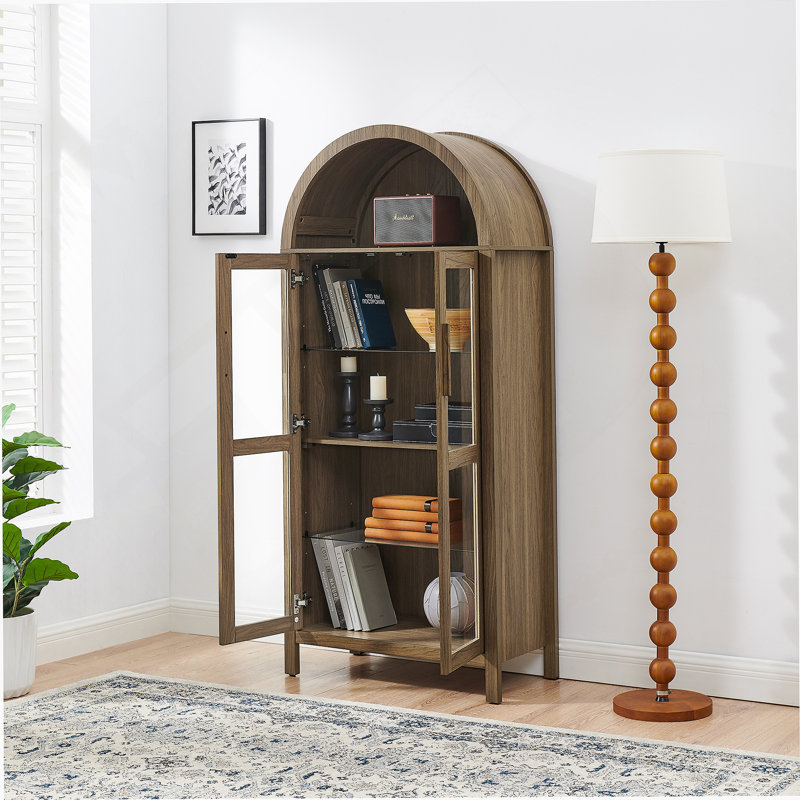 Armoire de rangement arquée avec une lampe, armoire de rangement en bois pour la cuisine, le salon et le bureau, Brun