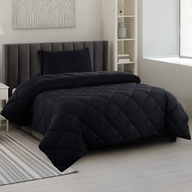 Down Alternative Microfiber Reversible Comforter Set - 3 Pcs All Season Diamond Pattern Comforter with Shams, Twin, Black