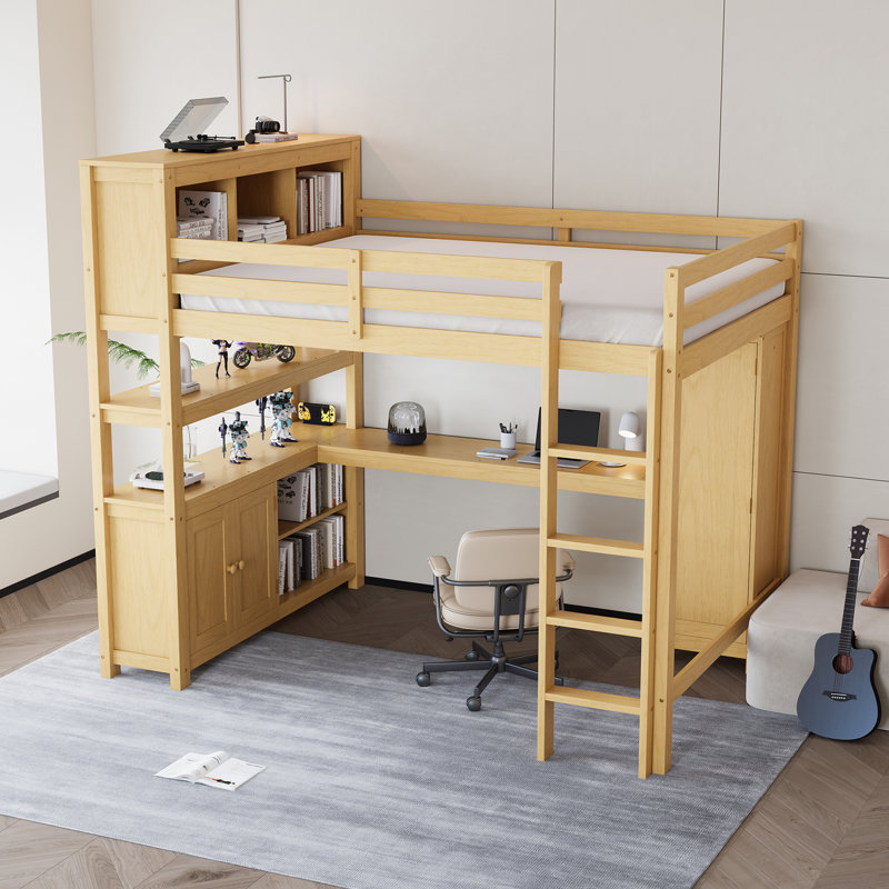 Queen Loft Bed With Desk And Cabinet, Solid Wood Loft Bed With Bookshelf And Wardrobe For Kids, Teens, Adults, Space-saving Design, Natural