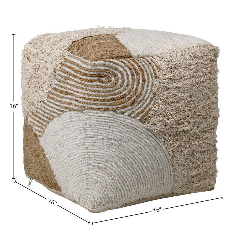 Emmeline Wool Upholstered Ottoman, White with Neutral Tones