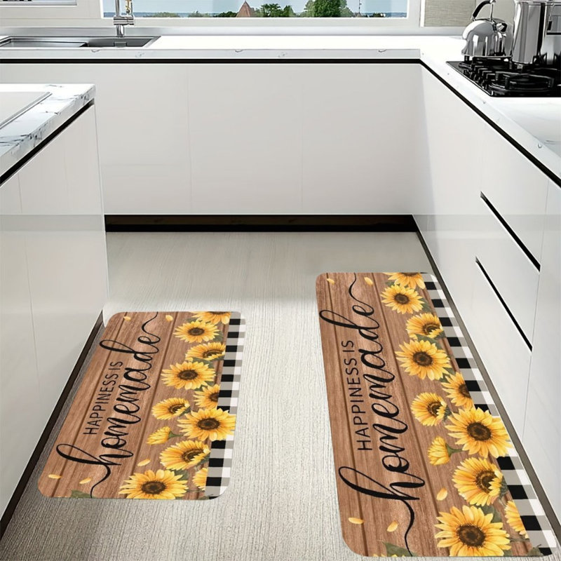 Ensemble de 2 tapis de cuisine tournesol Happiness Is Hom faits pour la cuisine et la salle à manger, brun-jaune