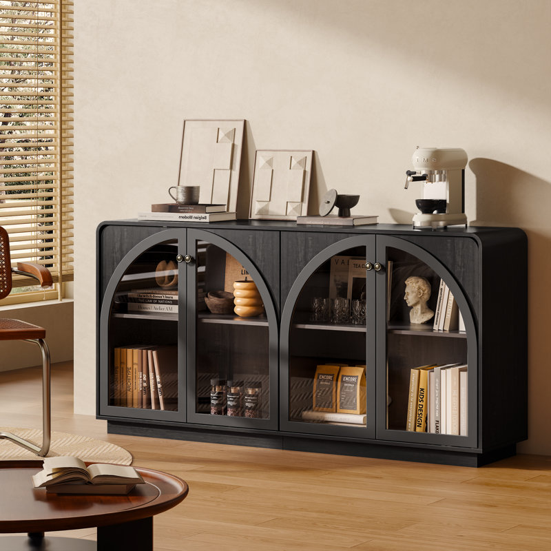 4-door Sideboard Cabinet, Black With 2 Shelves, Arched Glass Door Fronts, Black
