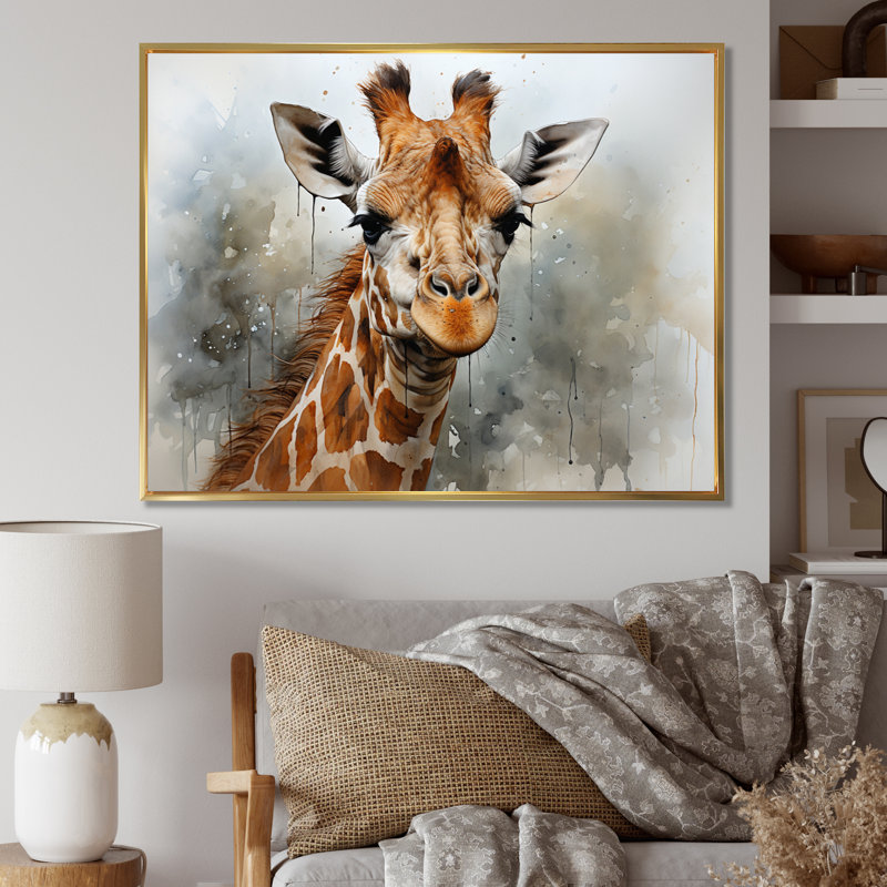 Décoration murale élégante girafe Krithi, Cadre flottant doré, H 34 po x l 44 po x P 1,5 po