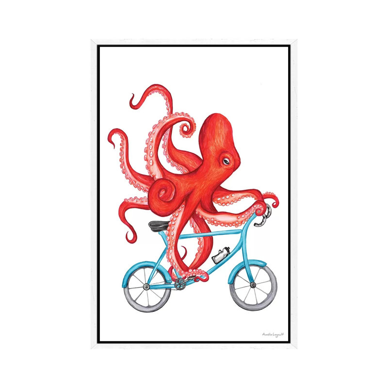 Octopus On Bike by Amélie Legault - Painting on Canvas, White Floater Framed, 66.04cm H x 45.72cm W x 3.81cm D