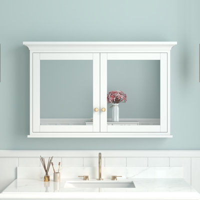 30''H Surface Mount Solid Wood Framed Medicine Cabinet With Mirror And Wooden Shelves