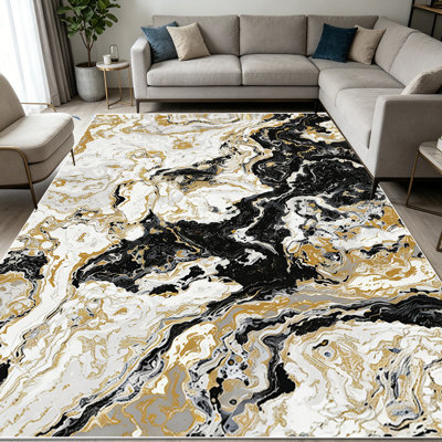 1PC Black Gold Marble Vein area rugs for Living Room, Soft and Comfortable, Suitable for all seasons, easy-to-maintain, machine washable Indoor floor mat, Under Table Farmhouse suitable for dining area, bedroom, kitchen, entryway, home office,