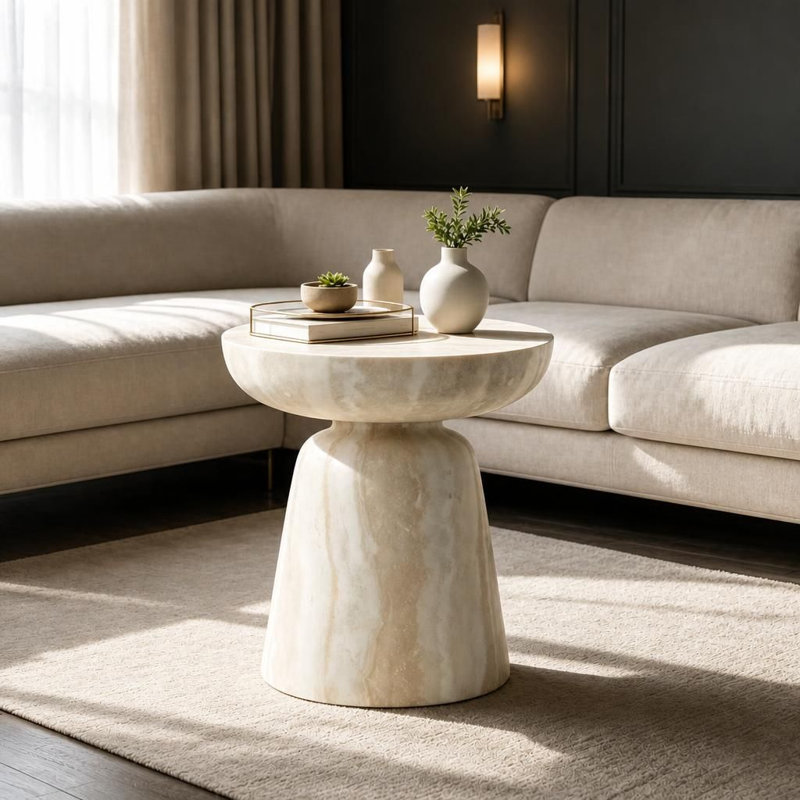 Table d'appoint ronde à champignon avec texture de travertin simulée, table de bout en fibre de verre avec base fuselée pour le salon et la chambre à coucher, table d'appoint légère pour les petits appartements, présentoir décoratif multifonctionnel sans assemblage requis