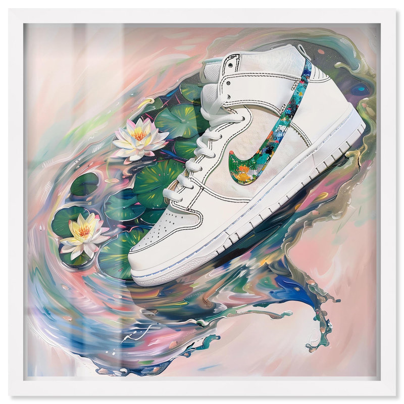«Lilypads Sneaker Splash Shadowbox Print Sneaker» par Art Remedy, H 13 po x l 13 po, Blanc