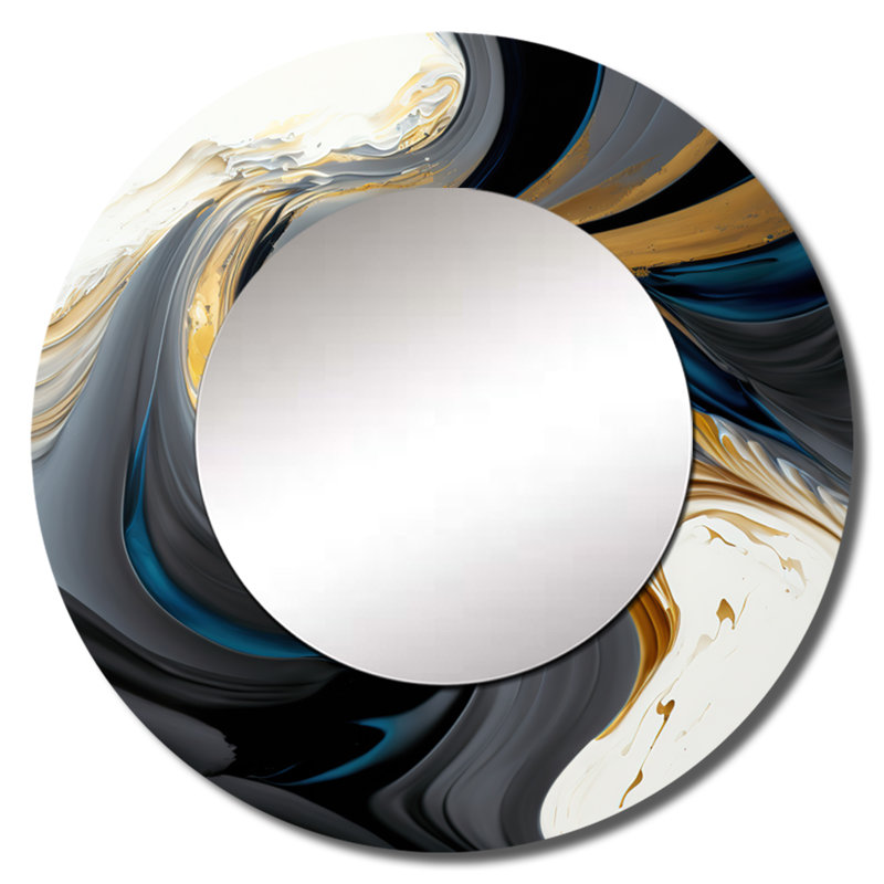 Black, White And Gold Liquid Art IV - Modern Round Mirror Wall Decor_MTMIR55426, 29" x 29"