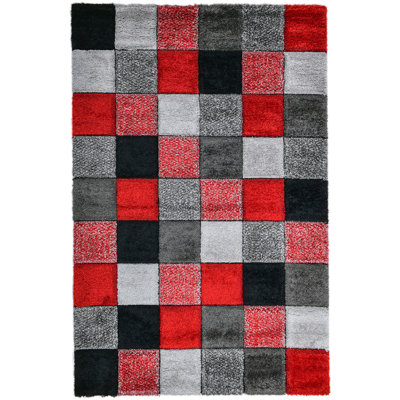 Shaggy Blocks High Pile Rug - Red
