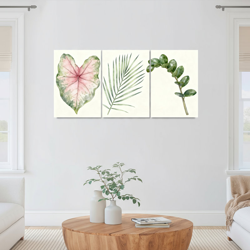 Feuilles tropicales aquarelle sur toile tendue, ensemble de 3 décorations pour salon, H 18 po x l 36 po