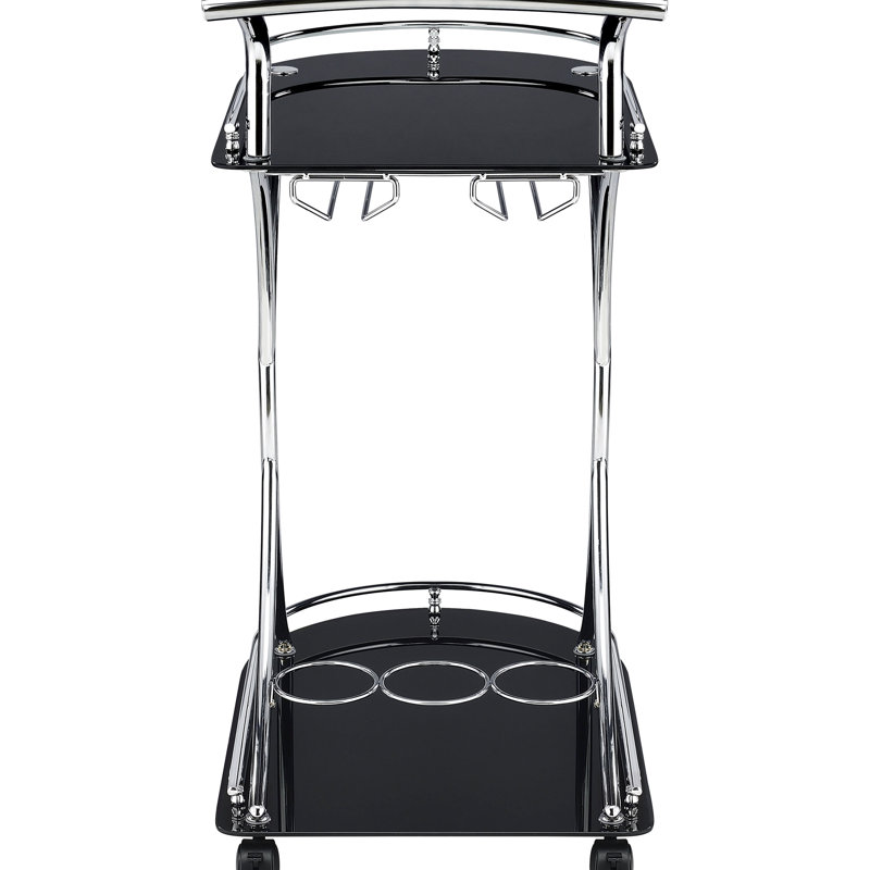 2 Black And Glass Shelf Bar Cart For Contemporary Dining Room, Featuring Storage 26.5 Inches Wide Metal With Offering Smooth Movement Additional Display, 34.56 Tall