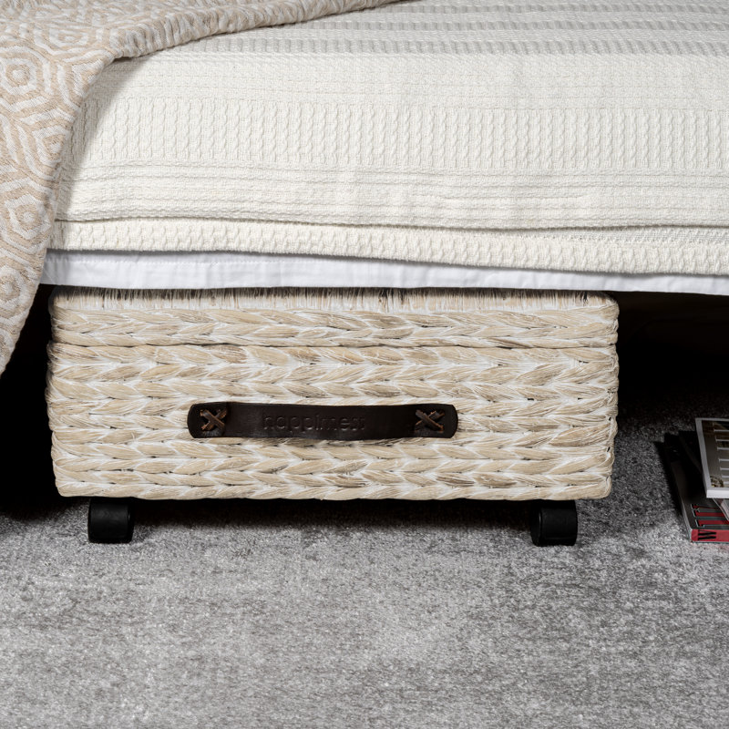 Chett 26.38" Minimalist Hand-Woven Hyacinth/Wood Underbed Storage Bin with Wheels and Handles, Beige