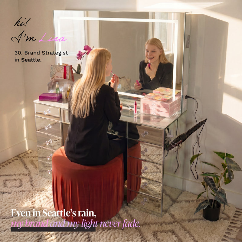 Boahaus Amelia Vanity Desk with LED Mirror – Drawer Makeup Vanity Table Designed as a Complete Dressing Station with Integrated Power and Speakers