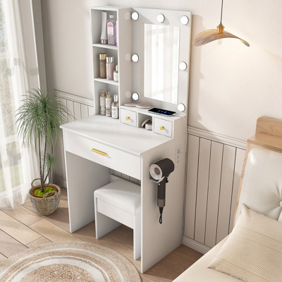 Table de coiffeuse avec miroir et lumières DEL réglables, prise de courant, support pour séchoir à cheveux et tabouret - coiffeuse compacte pour petites chambres à coucher (rétro)