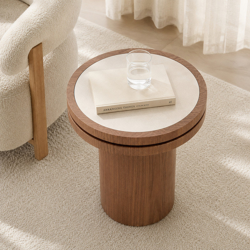 Table d'appoint ronde en noyer 19,4 po avec plateau en pierre frittée