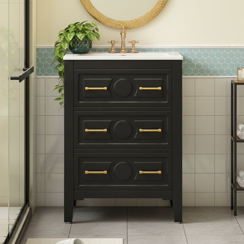 Ensemble de meuble-lavabo simple 24 po avec lavabo en céramique - Armoire de rangement pour salle de bain avec cadre en bois massif et 3 tiroirs - Trous de centre pré-percés