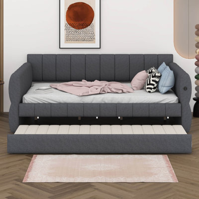 Queen Size Upholstered Platform Bed With USB, Wooden Bed Frame With Trundle For Dormitory, Apartment
