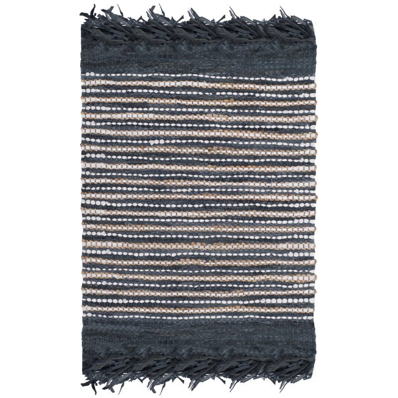 Exley Vintage Leather Hand Woven Leather Cotton/Jute Striped Rug in Dark Gray, Rectangle 2'3" x 4'