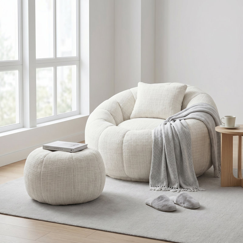 Ensemble de fauteuil à billes et de repose-pieds en mousse viscoélastique Cloud-Like, Chenille beige