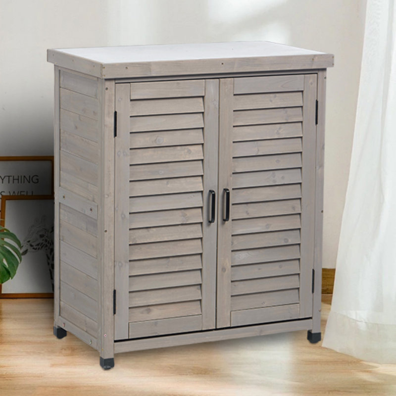 Potting Bench With Storage Cabinet And Metal Table Top For Outdoor Patio, Garden Furniture Wood Workstation (Cabinet), Gray