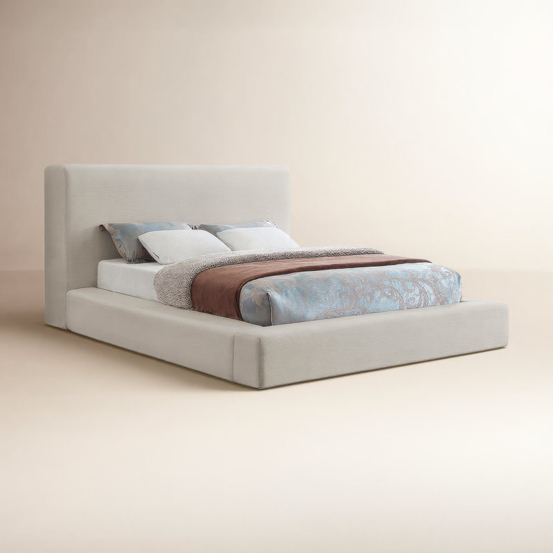 Ishia Upholstered Platform Bed, Queen, Beige Linen