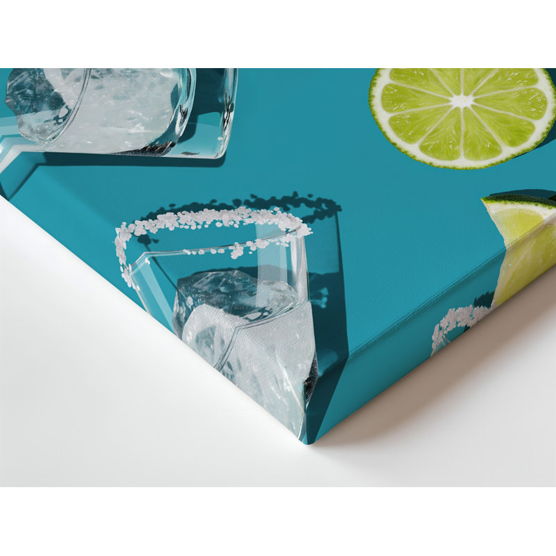 «Canvas A Vibrant Playful Composition» présente un ensemble de verres d'art transparents, chacun rempli de liquide cristallin et d'art sur toile bordé