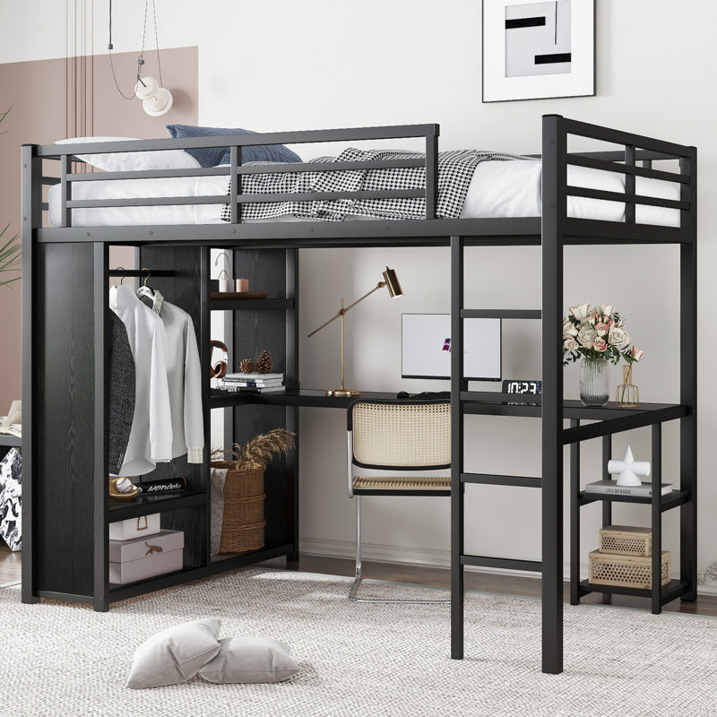 Full Metal Loft Bed with Built-In Wardrobe, Desk and Storage Shelves, Black, Full