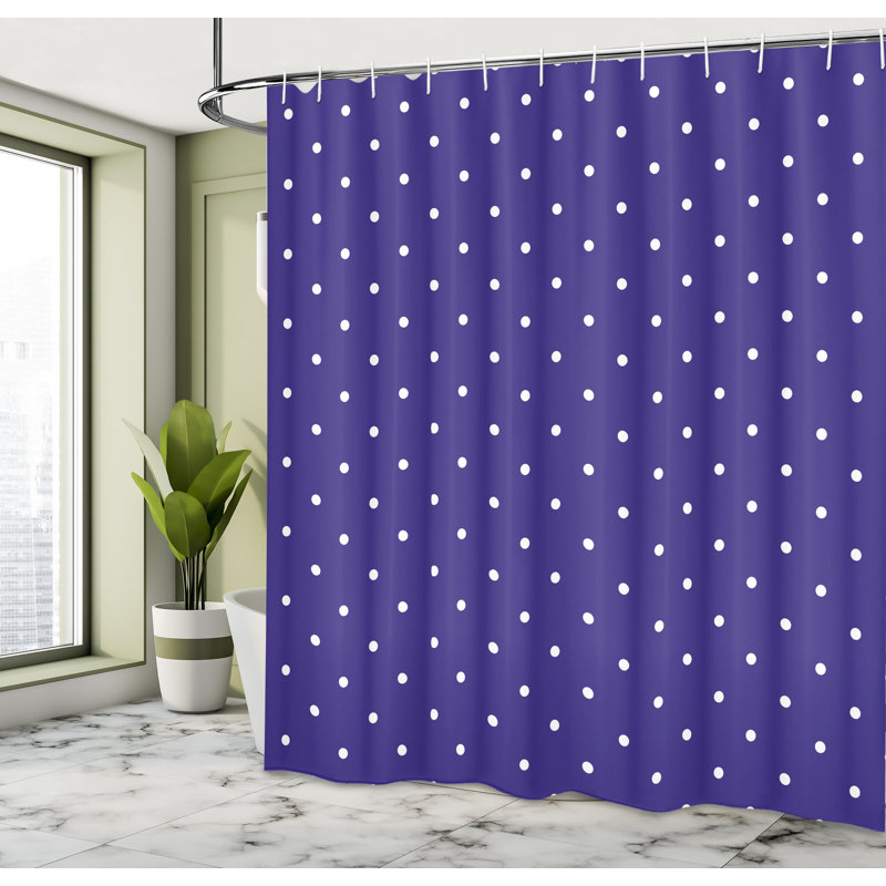 Navy Blue Polka Dot Fabric Shower Curtain with Hooks