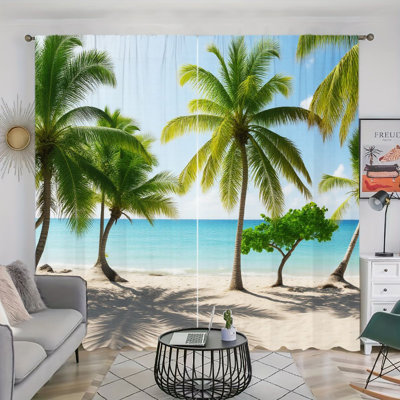 2 pièces de plage tropicale avec vue sur l'océan, rideaux filtrant la lumière avec paysage de vacances d'été, conception facile avec passe-tringle, toutes saisons pour le salon, la chambre, le balcon, la décoration de patio